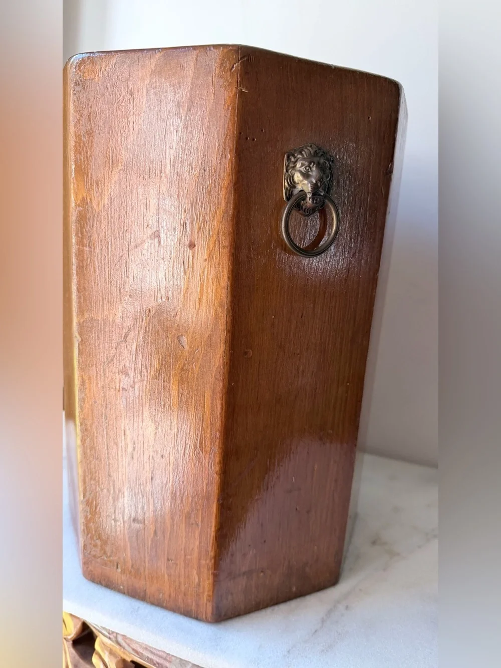 VTG /MC Wood Octagon Shape Trash Can Waste Bin With Lions Heads Unique Storage